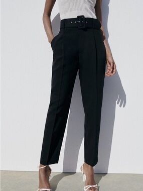 Zara Black High-Waist Belted Pants